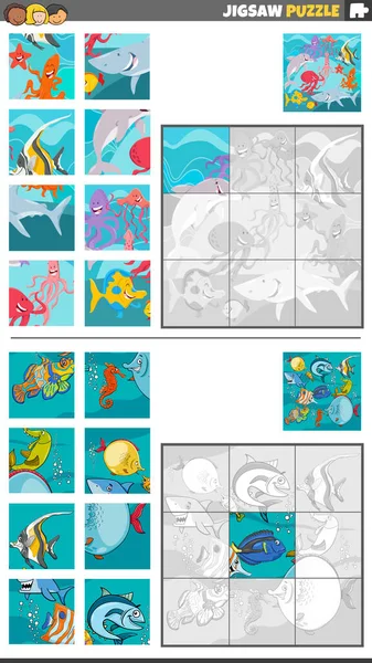 Ilustracja Kreskówki Edukacyjne Puzzle Układanki Zestaw Grupy Znaków Zwierząt Morskich — Wektor stockowy