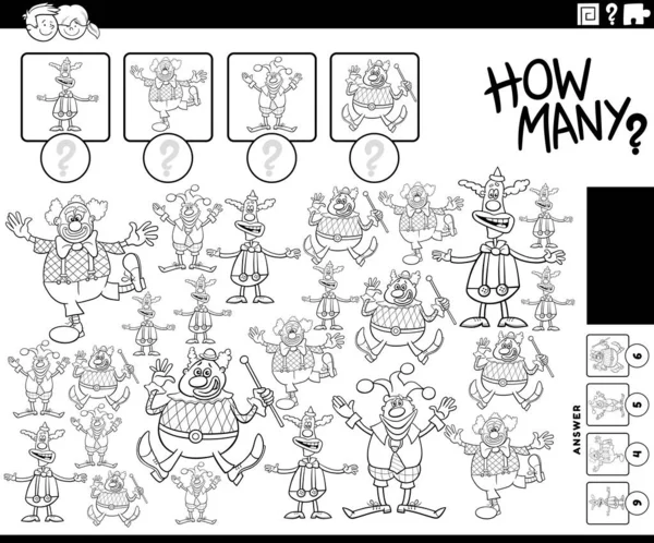 Schwarz Weiß Illustration Von Pädagogischen Zählspiel Mit Cartoon Clowns Charaktere — Stockvektor