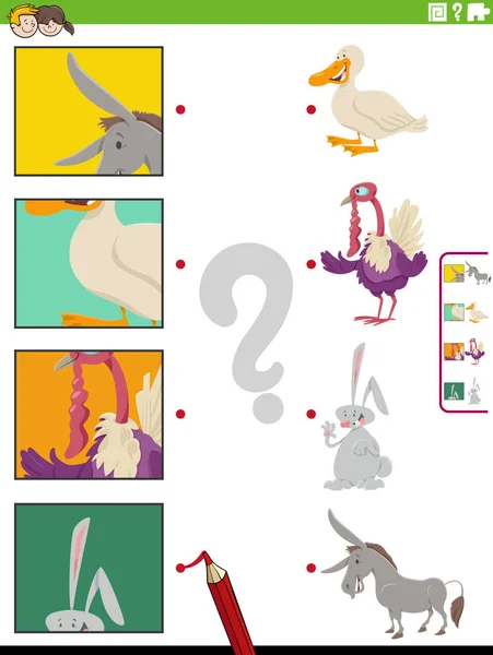 Cartoon Illustration Von Pädagogischen Matching Spiel Mit Nutztieren Und Bilder — Stockvektor