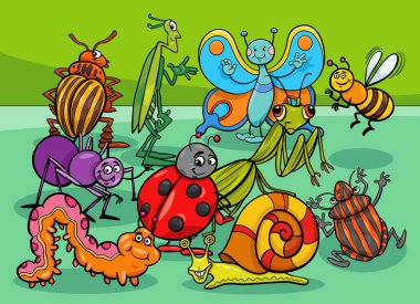 Böceklerin ve salyangoz hayvan karakterleri grubunun çizgi film çizimi