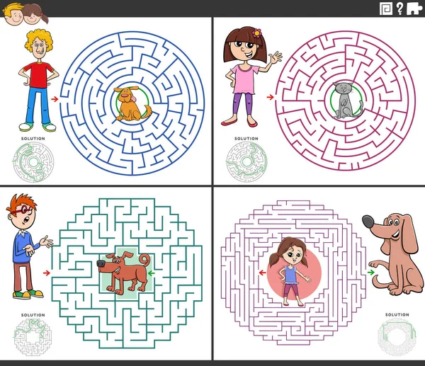 Cartoon Ilustrace Vzdělávací Bludiště Puzzle Hry Set Dětmi Jejich Mazlíčci — Stockový vektor