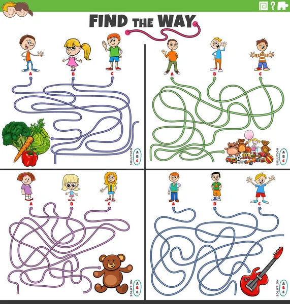 Cartoon Illustration Find Way Maze Puzzle Games Set Children Characters — Stock Vector