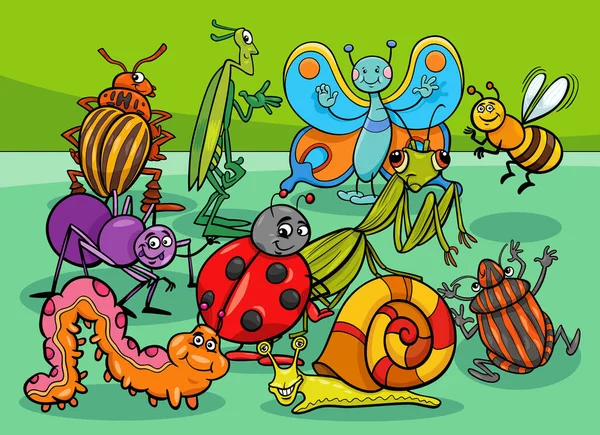 昆虫やカタツムリ動物のキャラクターグループの漫画イラスト — ストックベクタ