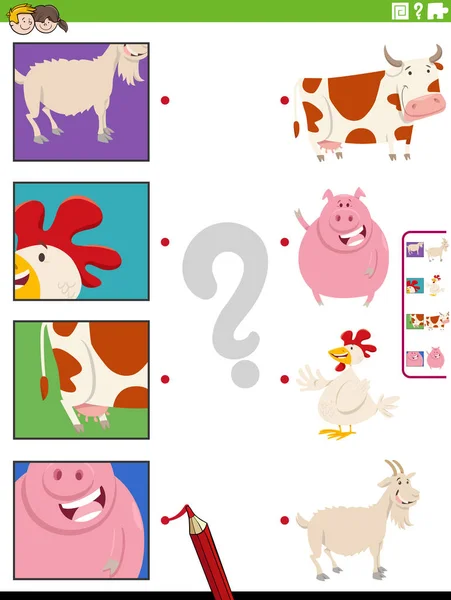 Illustrazione Dei Cartoni Animati Gioco Corrispondenza Educativa Con Animali Fattoria — Vettoriale Stock