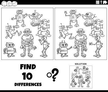 Robot karakterlerin grup boyama sayfası ile resim eğitimsel oyun arasındaki farkları gösteren siyah beyaz çizgi film çizimi