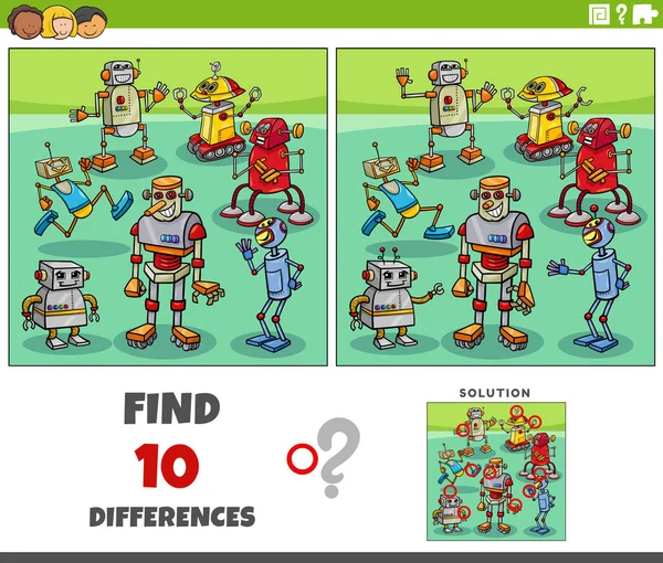 卡通画图解揭示了图形教育游戏与机器人角色群的区别 — 图库矢量图片