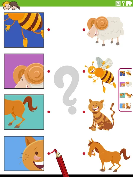 Dibujos Animados Ilustración Juego Combinación Educativa Con Personajes Animales Recortes — Vector de stock