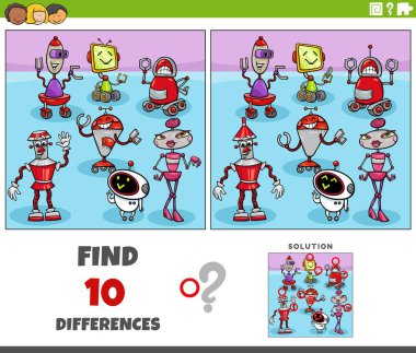 Cartoon illustration of finding the differences between pictures educational activity with robots characters group clipart