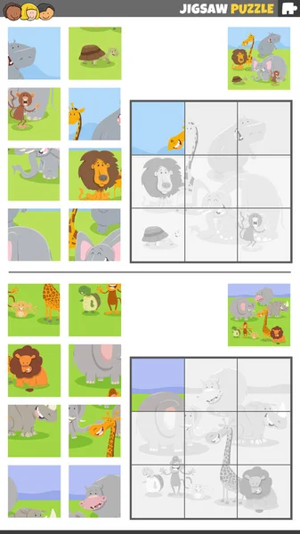 Cartoon Ilustrace Vzdělávací Puzzle Hry Set Divoké Zvířecí Postavy Skupiny — Stockový vektor