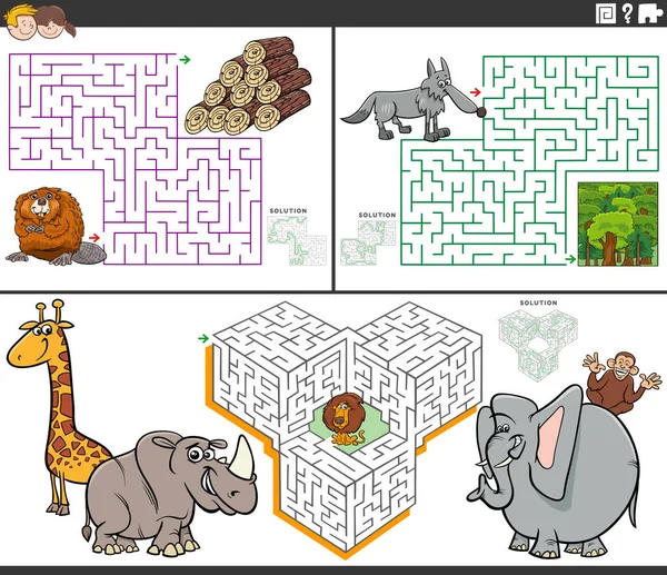 面白い動物の文字で設定された教育迷路パズルゲームの漫画イラスト — ストックベクタ
