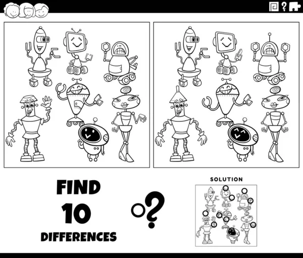 Black White Cartoon Illustration Finding Differences Pictures Educational Activity Robots — Stock Vector