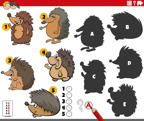 面白いハリネズミ動物のキャラクターと写真教育ゲームに右の影を見つけるの漫画のイラスト — ストックベクタ