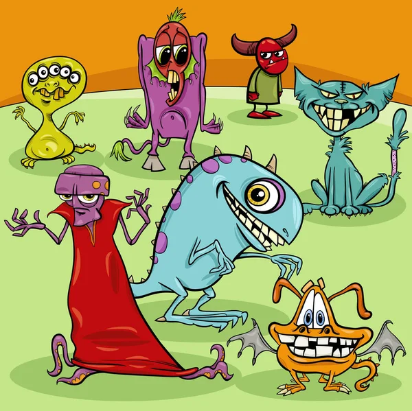 Dibujos Animados Ilustración Monstruos Divertidos Grupo Personajes Fantasía — Vector de stock