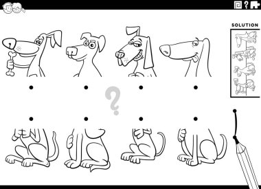 Eğitimsel görevin siyah beyaz karikatür çizimi resimlerin yarısıyla komik köpek hayvan karakterleri boyama sayfasını eşleştiriyor.