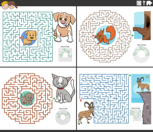 Cartoon Illustration Von Pädagogischen Labyrinth Puzzle Aktivitäten Mit Tierfiguren Eingestellt — Stockvektor