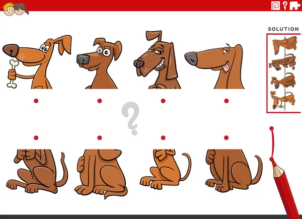 Kreskówka Ilustracja Edukacyjnego Zadania Dopasowania Połówki Zdjęć Funny Dogs Postacie — Wektor stockowy