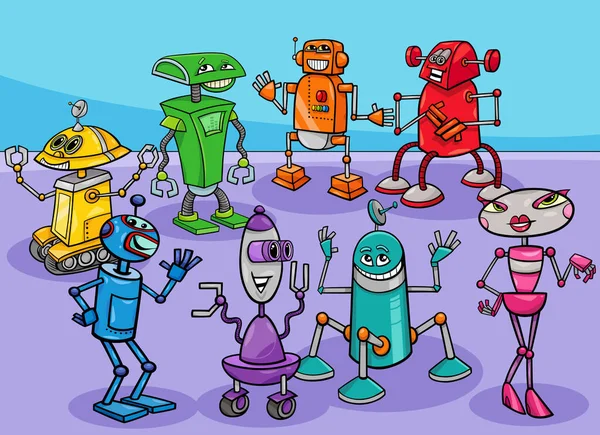 Εικονογράφηση Κινουμένων Σχεδίων Της Ομάδας Αστεία Πολύχρωμα Ρομπότ Κωμικούς Χαρακτήρες — Διανυσματικό Αρχείο
