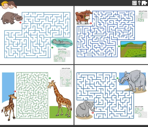 Desenhos Animados Ilustração Atividades Quebra Cabeça Labirinto Educacional Definido Com — Vetor de Stock