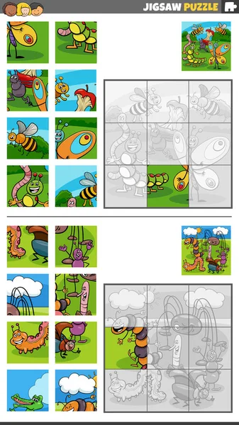 昆虫動物キャラクターグループで設定された教育ジグソーパズルゲームの漫画イラスト — ストックベクタ