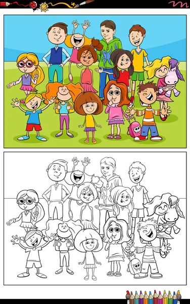 Kreskówki Ilustracje Śmieszne Dzieci Wieku Elementarnym Lub Nastoletnich Znaków Grupy — Wektor stockowy