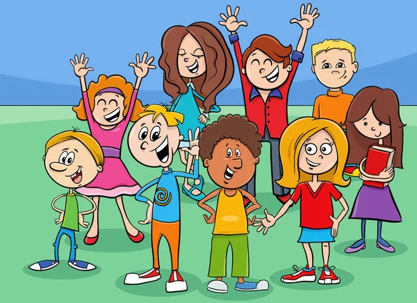 Desenhos Animados Ilustração Idade Elementar Adolescente Crianças Personagens Grupo — Vetor de Stock