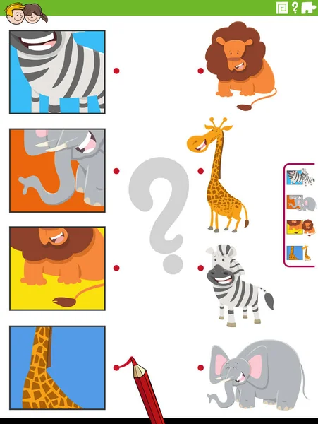 Zeichentrick Illustration Der Pädagogischen Matching Aktivität Mit Tierfiguren Und Bildausschnitten — Stockvektor