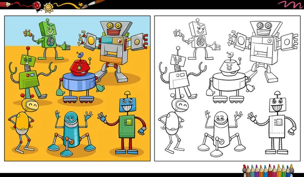 Εικονογράφηση Κινουμένων Σχεδίων Αστεία Ρομπότ Χαρακτήρες Φαντασίας Ομάδα Χρωματισμού Σελίδα — Διανυσματικό Αρχείο