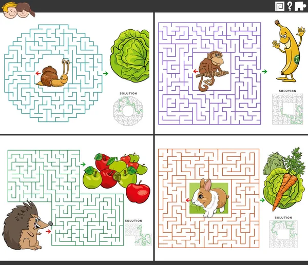 Ilustracja Kreskówek Edukacyjnych Labirynt Działania Puzzle Zestaw Zwierzętami Ich Żywności — Wektor stockowy