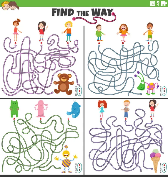 Cartoon Illustration Find Way Maze Puzzle Games Set Comic Children — Stock Vector