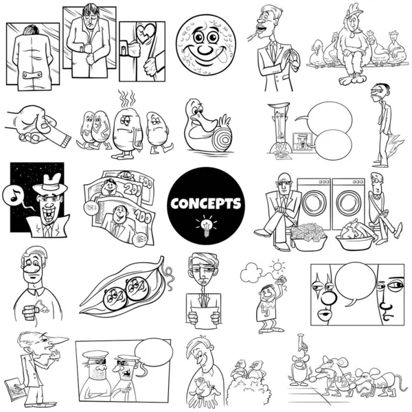 stock vector Black and white ilustration set of humorous cartoon concepts or metaphors and ideas with comic characters