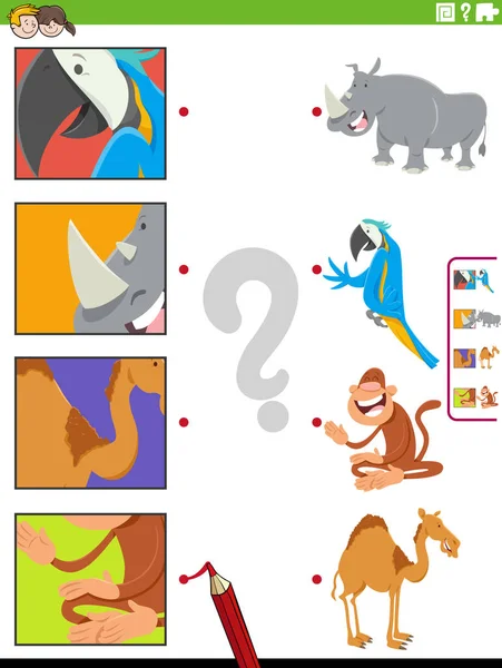 Illustrazione Dei Cartoni Animati Corrispondenza Gioco Educativo Con Personaggi Animali — Vettoriale Stock