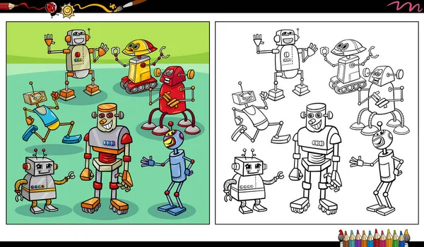 Dibujos Animados Ilustraciones Robots Divertidos Personajes Droides Página Para Colorear — Vector de stock