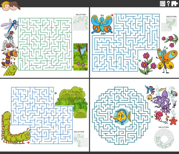 Rajzfilm Illusztrációja Oktatási Labirintus Puzzle Tevékenységek Meghatározott Rovarok Tengeri Állatok — Stock Vector