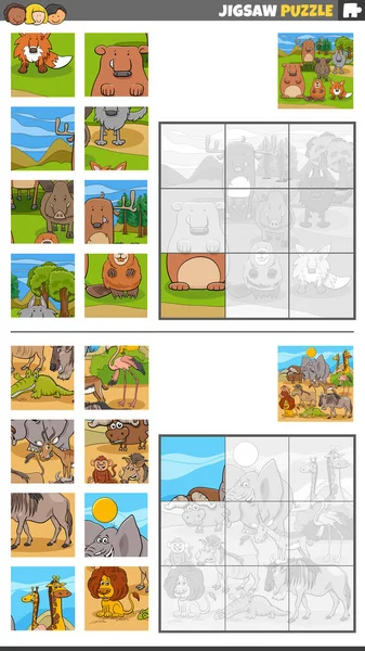 Illustration Dessins Animés Jeux Puzzle Éducatif Avec Groupe Personnages Animaux — Image vectorielle
