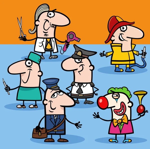 異なる職業のキャラクターの面白い人々の漫画のイラストグループの着色ページ — ストックベクタ
