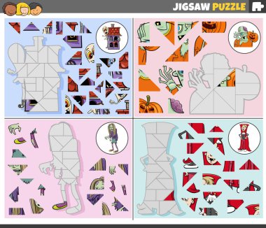 Cartoon illustration of educational jigsaw puzzle games set with fantasy characters clipart