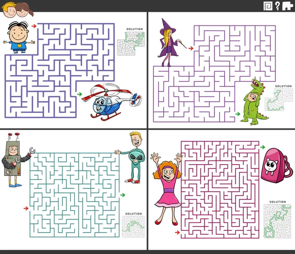 Cartoon Ilustrace Vzdělávací Bludiště Puzzle Hry Set Dětmi Dospívajícími — Stockový vektor