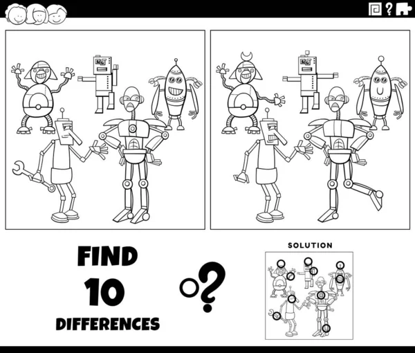 用黑白卡通图解发现机器人人物形象群着色页面图文教育游戏的差异 — 图库矢量图片