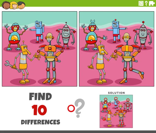 Cartoon Ilustrace Nalezení Rozdílů Mezi Obrázky Vzdělávací Hra Roboty Skupiny — Stockový vektor