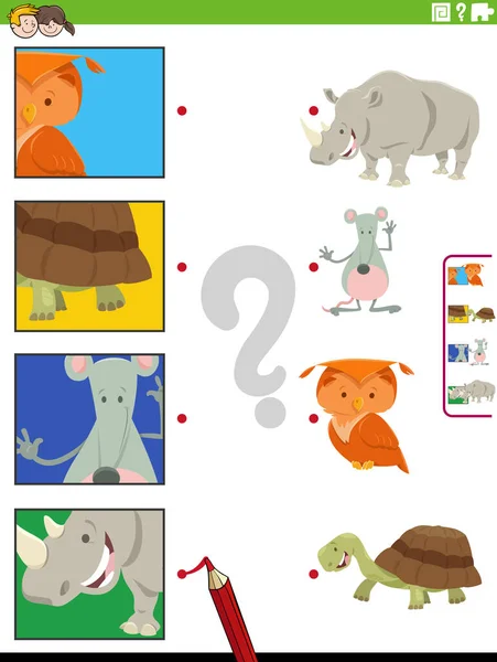 Cartoon Illustration Educational Matching Game Animal Characters Pictures Clippings — Stock Vector