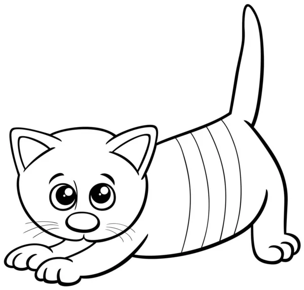 Black White Cartoon Illustration Stretching Kitten Comic Animal Character Coloring — Stock Vector