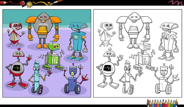 Cartoon Illustraties Van Grappige Robots Droids Stripfiguren Groep Kleuren Pagina — Stockvector