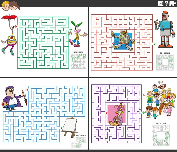 Illustration Dessins Animés Activités Puzzle Labyrinthe Éducatif Avec Des Personnages — Image vectorielle