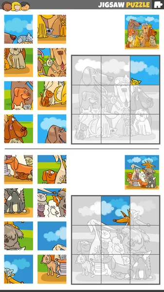 Ilustracja Kreskówki Edukacyjne Puzzle Układanki Zestaw Psów Kotów Znaków Grupy — Wektor stockowy