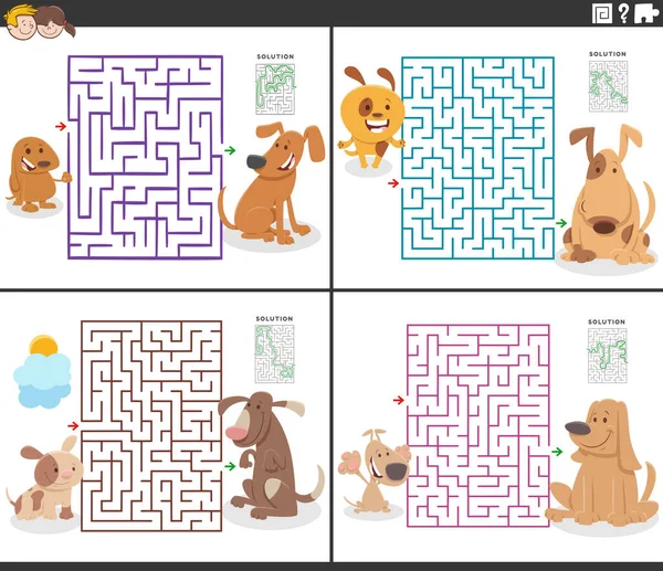 犬や子犬とセット教育迷路パズル活動の漫画イラスト — ストックベクタ