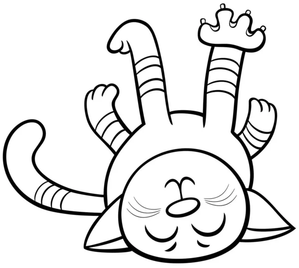 Black White Cartoon Illustration Happy Tabby Kitten Comic Animal Character — Stock Vector