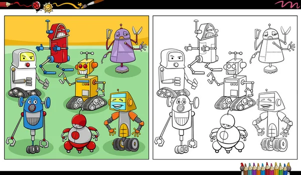 Dibujos Animados Ilustraciones Robots Divertidos Personajes Cómicos Droides Página Para — Vector de stock