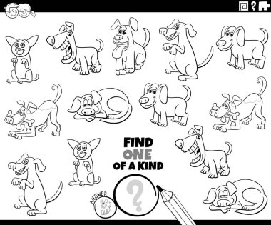 Siyah beyaz çizgi film çizimleri, çizgi roman köpekleri ve hayvan karakterleri boyama sayfasının yer aldığı eğitici bir resim oyunu.