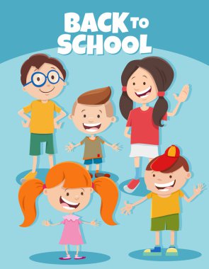 Mutlu ilkokul çocuk karakterlerinin çizgi film çizimi Okula Dönüş başlığı