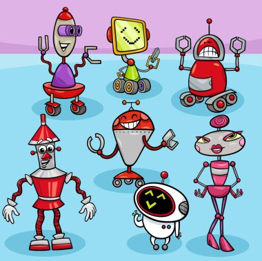 Çizgi film çizimi komik robotlar veya droidler çizgi karakter grubu